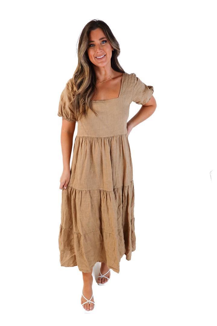 Beachwood brown linen tiered maxi dress (L/XL*; retails for $198)