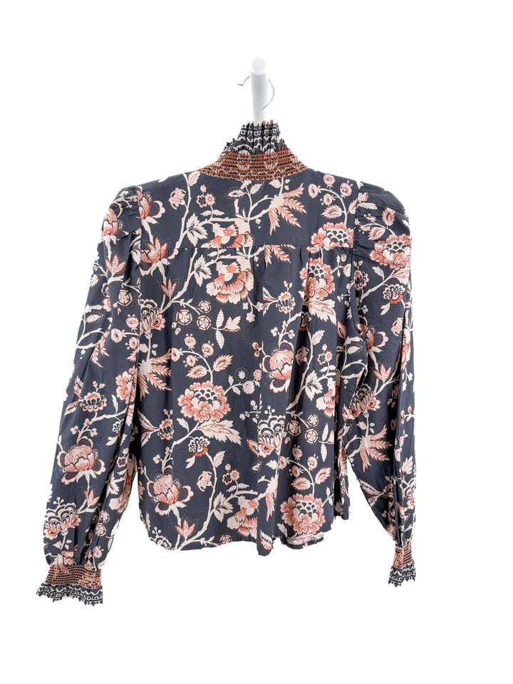 love the label blue floral ruffle button up top (s; retail $225)
