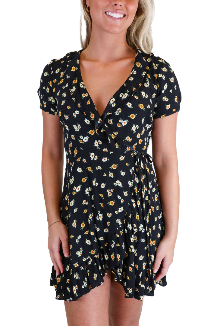 Forever 21 Black Floral Ruffle Wrap Dress (S)