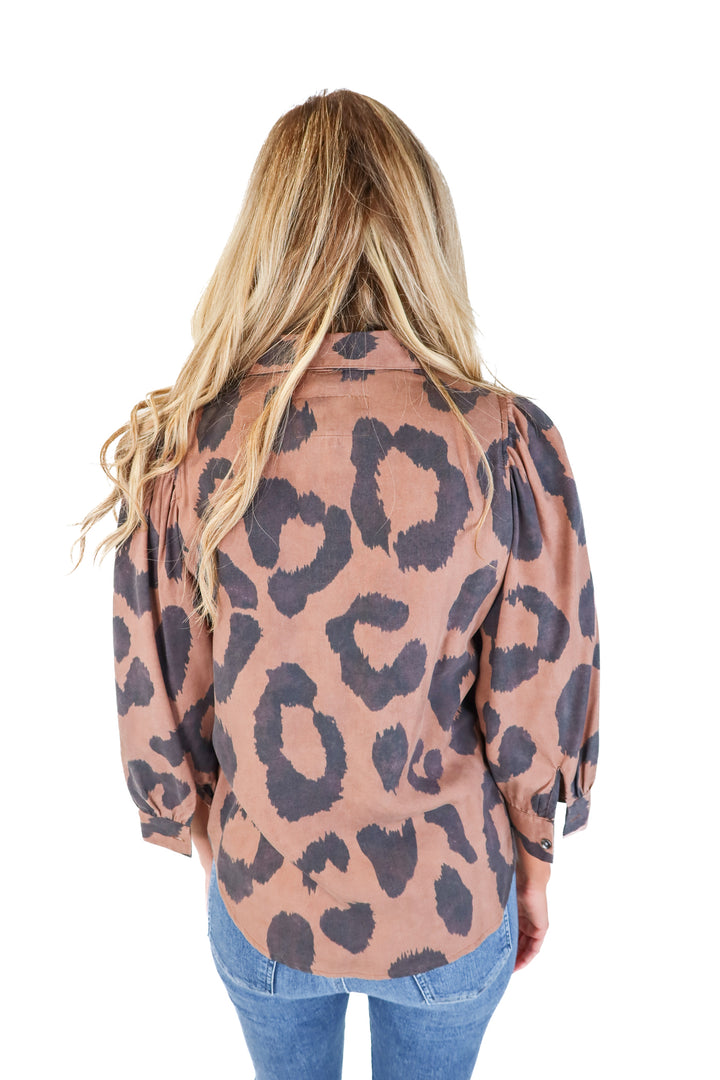 Pistola Brown/Black Animal Print Puff Sleeve Blouse (S)