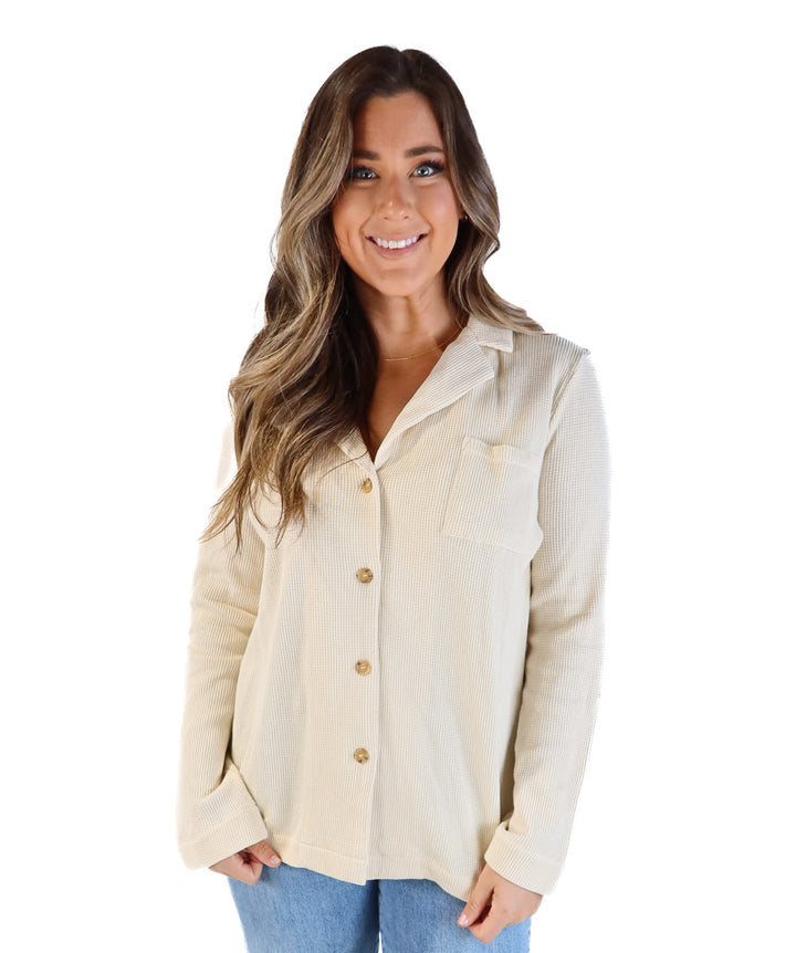 Legoe cream waffle knit button up (0; retails for $77)