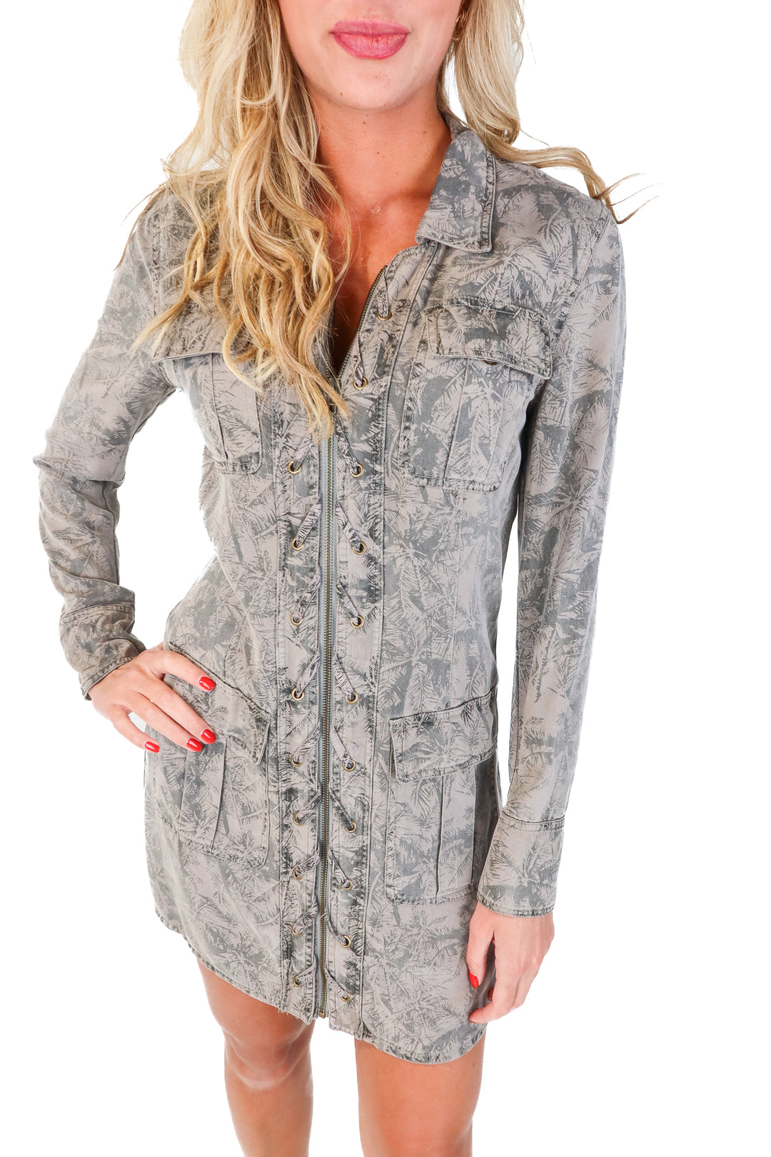 Pam & Gela Olive Palm Print Dress (S)