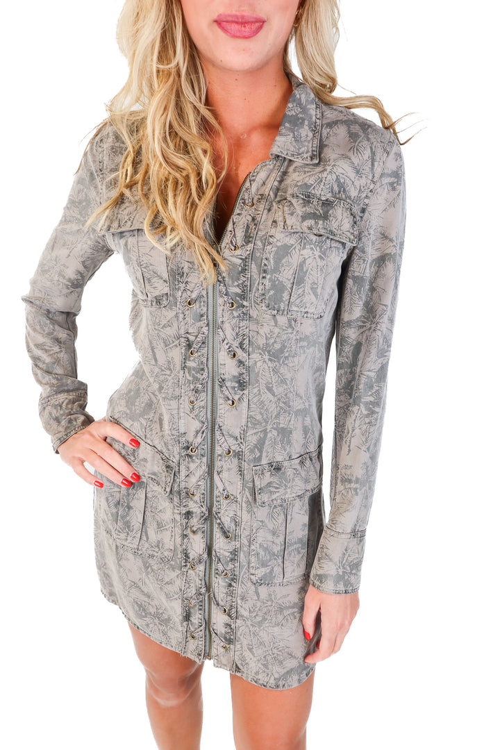 Pam & Gela Olive Palm Print Dress (S)