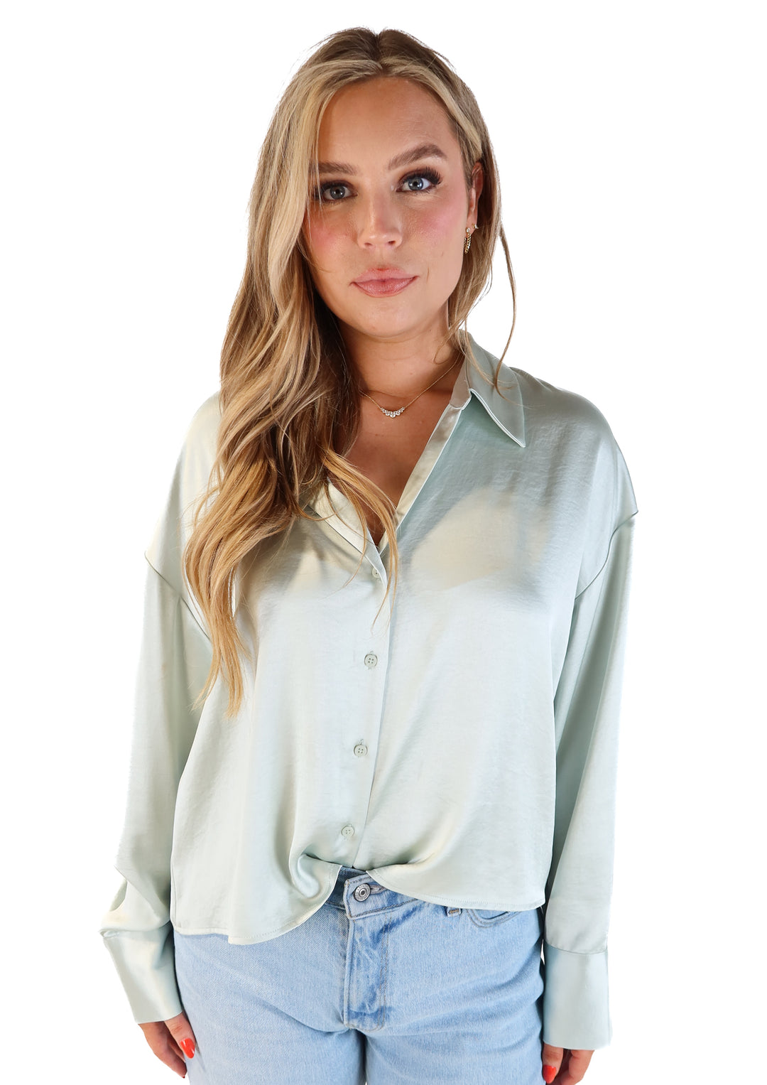 Express mint satin button up (L)