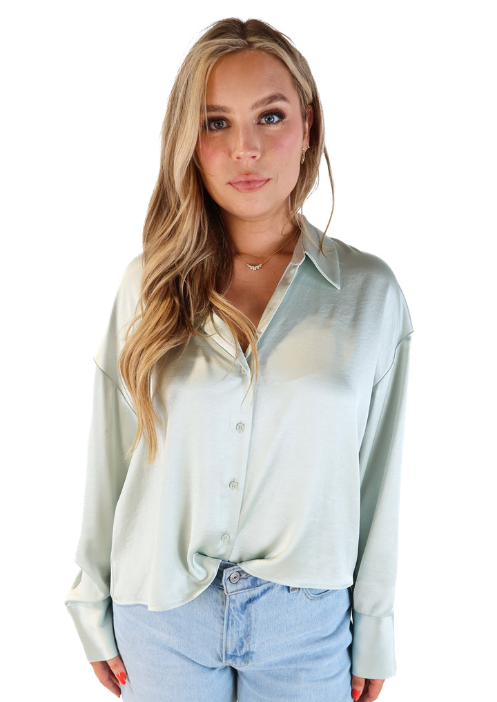 Express mint satin button up (L)