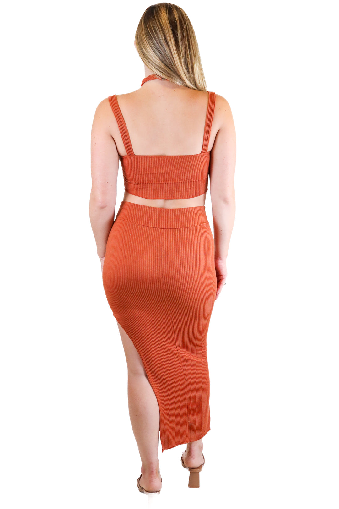7 Day WKND burnt orange midi skirt set (S)