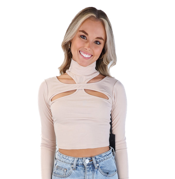 Hours beige cutout long sleeve top (s)