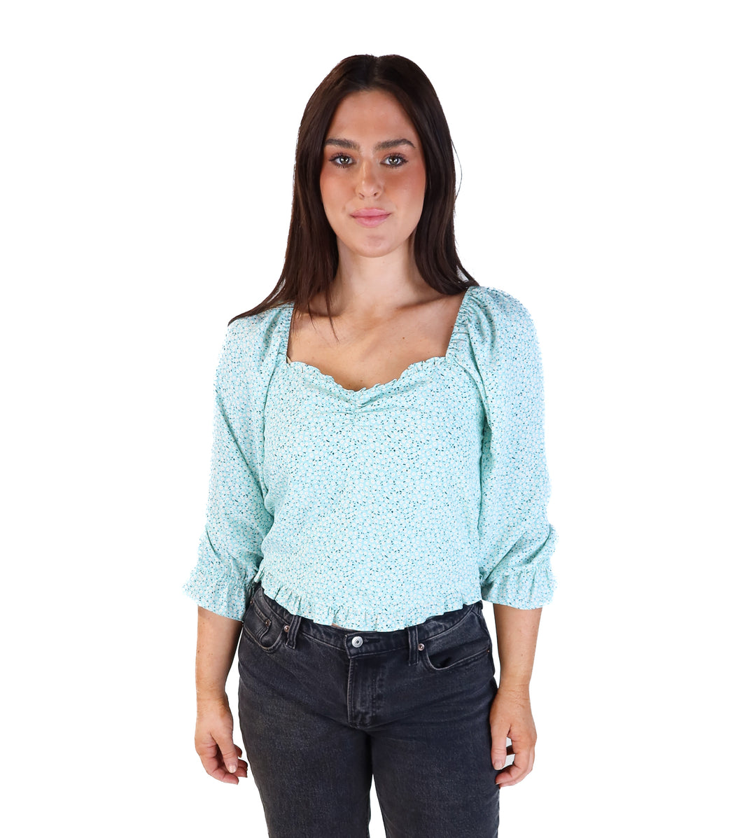 Skies are blue floral bell sleeve top (M)