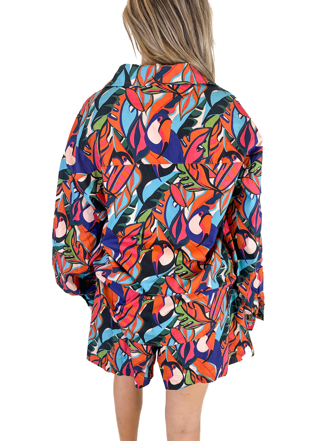 Palms Away Leaf Print Shirt and Shorts Set (L)