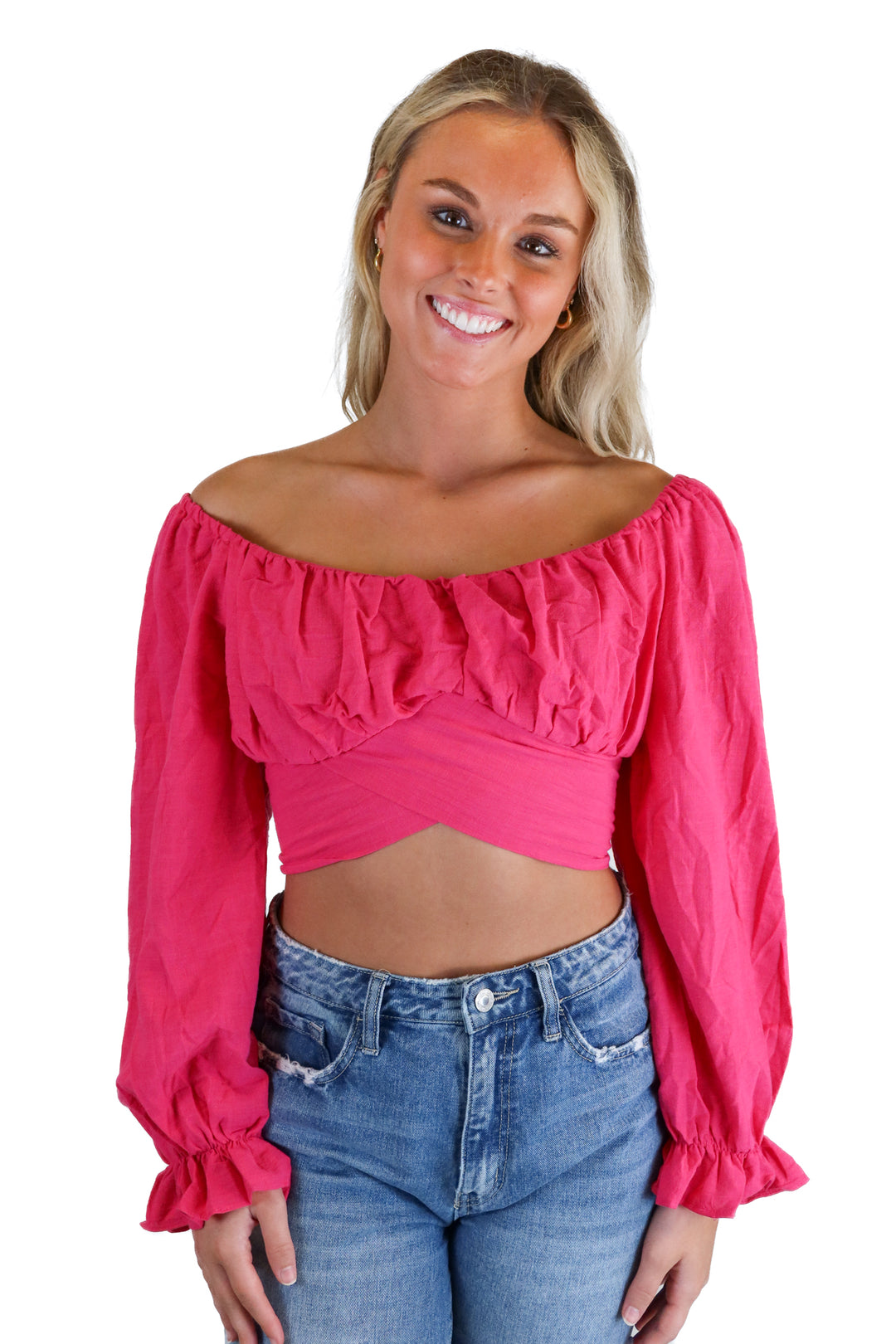 Hello Molly Hot Pink Long Sleeve Crop Top (S)
