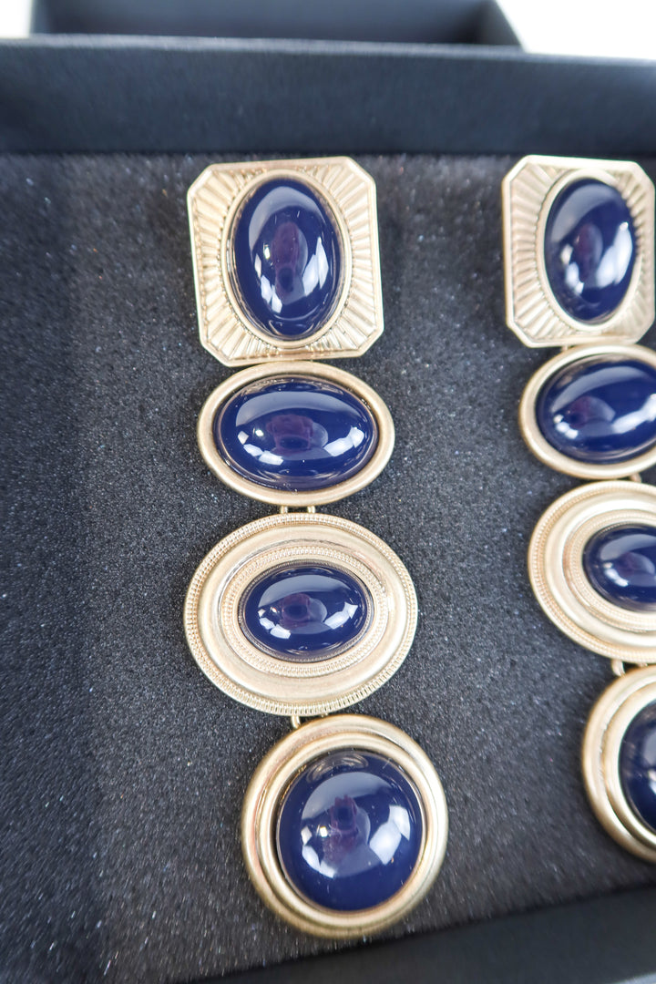 area gold/blue statement earrings