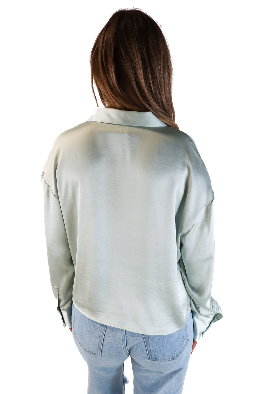 Express mint satin button up (L)