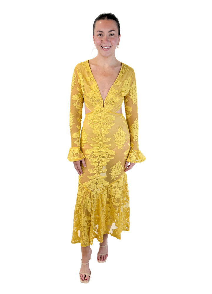 FORE yellow lace maxi dress NWT (retails for $98)