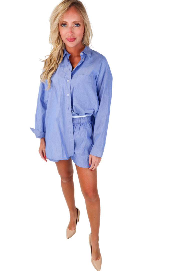 SOLD Zara Blue Stripe Set Button Down Top & Short NWT (S; Retail $96)