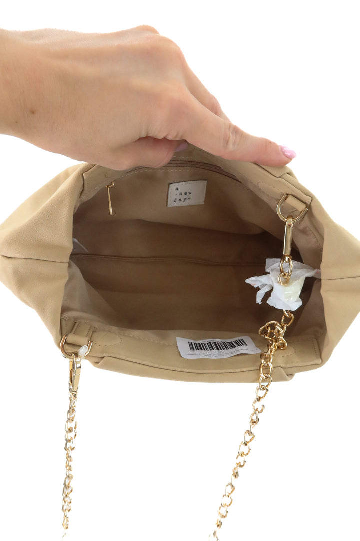 a new day tan faux suede clutch w/ removable crossbody chain