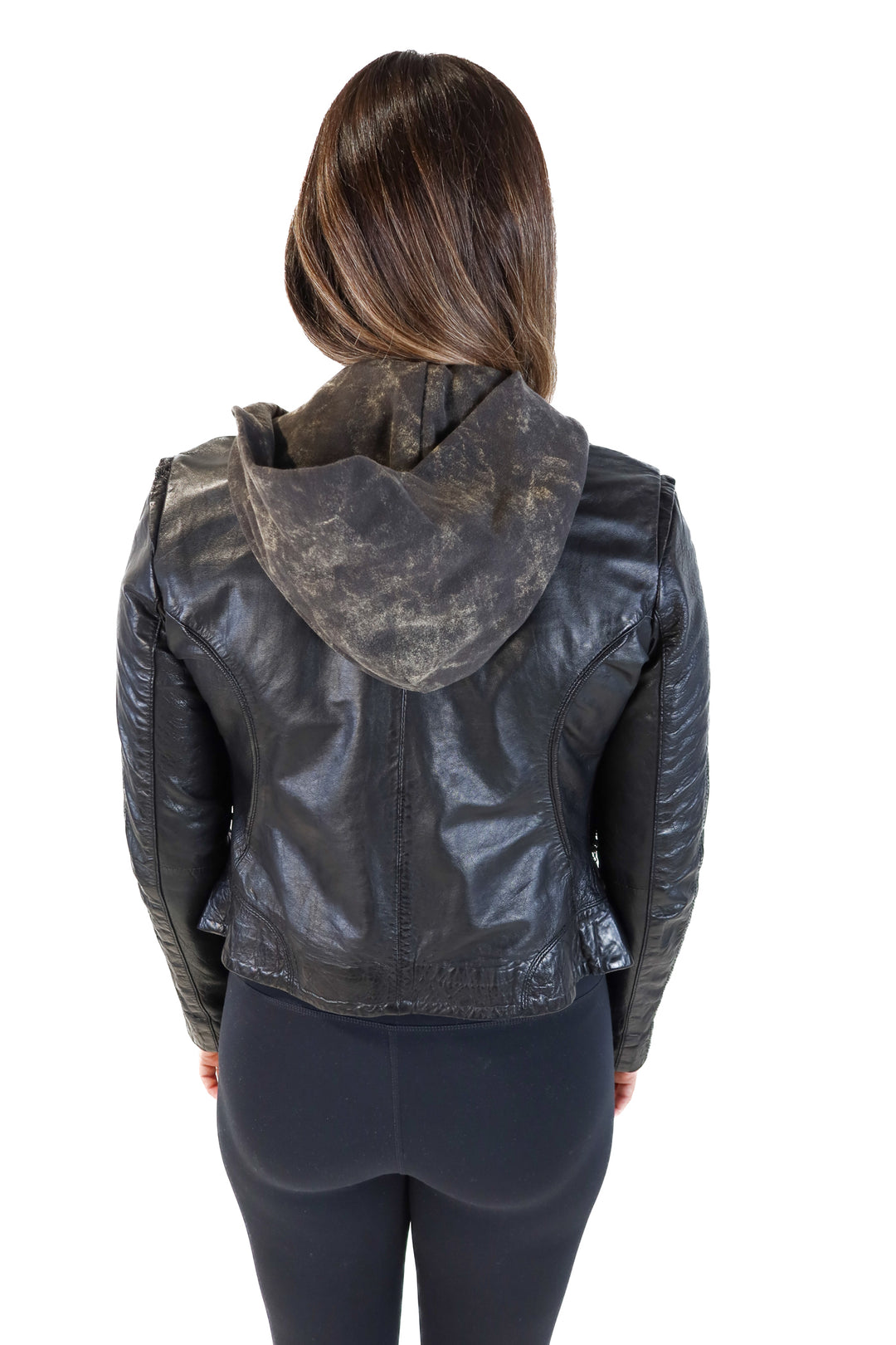 Doma hooded leather jacket (L; retail $695)