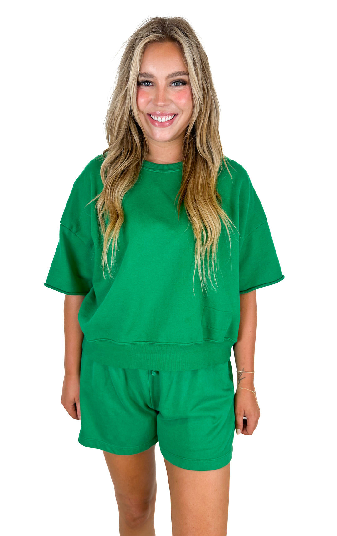 Daily Drills Green Oversized Cropped Sleeve Top & Shorts Set (Top XS/S; Shorts M/L)
