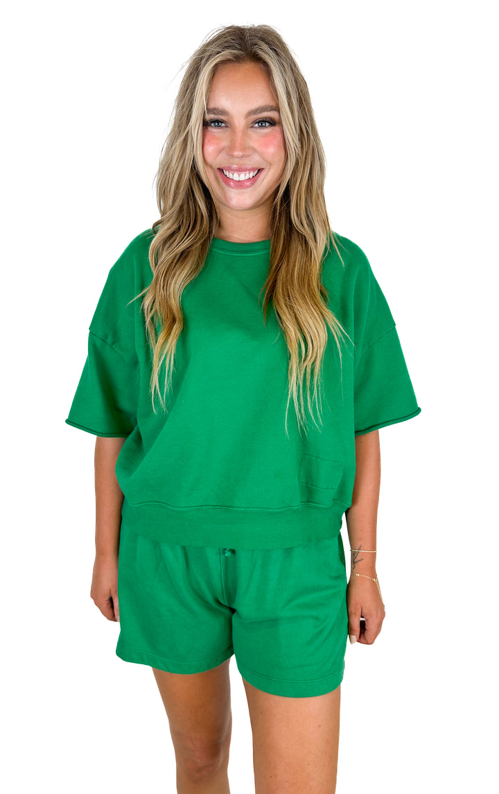 Daily Drills Green Oversized Cropped Sleeve Top & Shorts Set (Top XS/S; Shorts M/L)