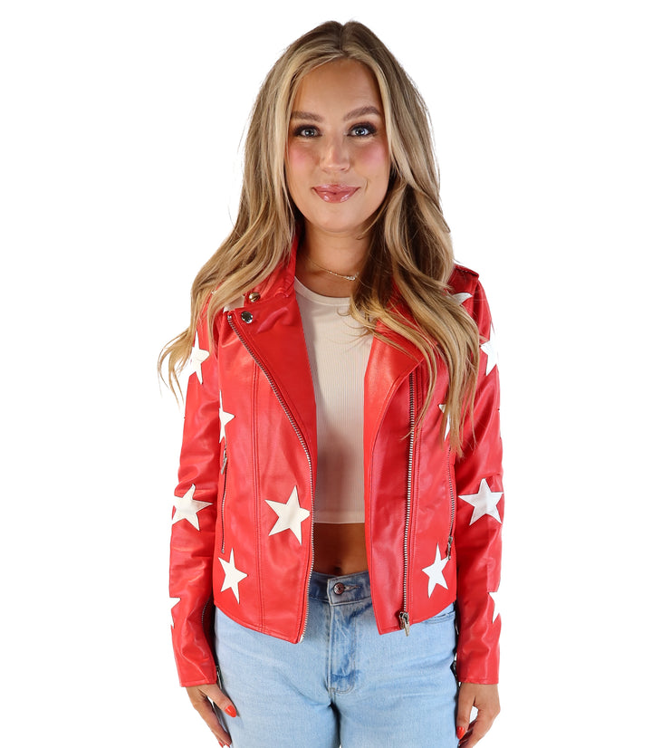 SOLD: Buddy love red with star vegan leather jacket (s; retail $134)