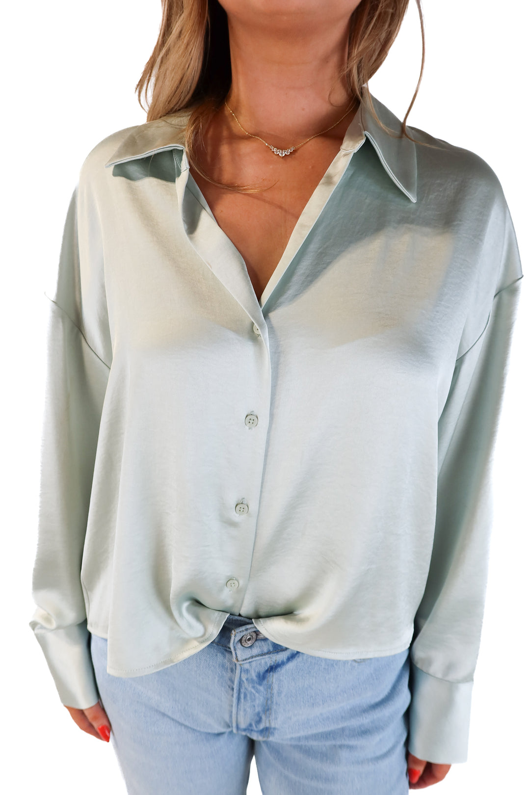 Express mint satin button up (L)