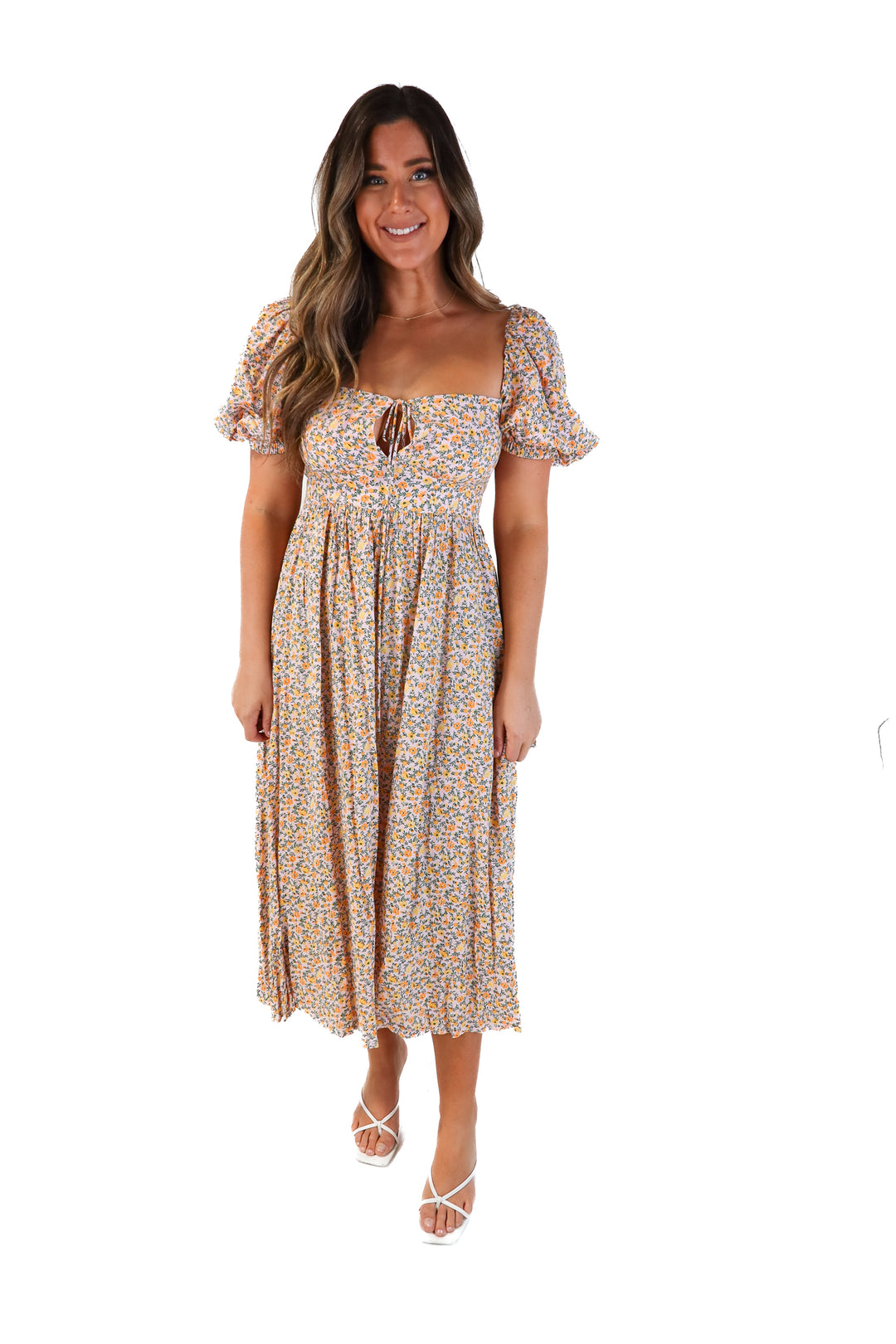 Buddy love purple/orange floral midi dress (m; retails for $180)