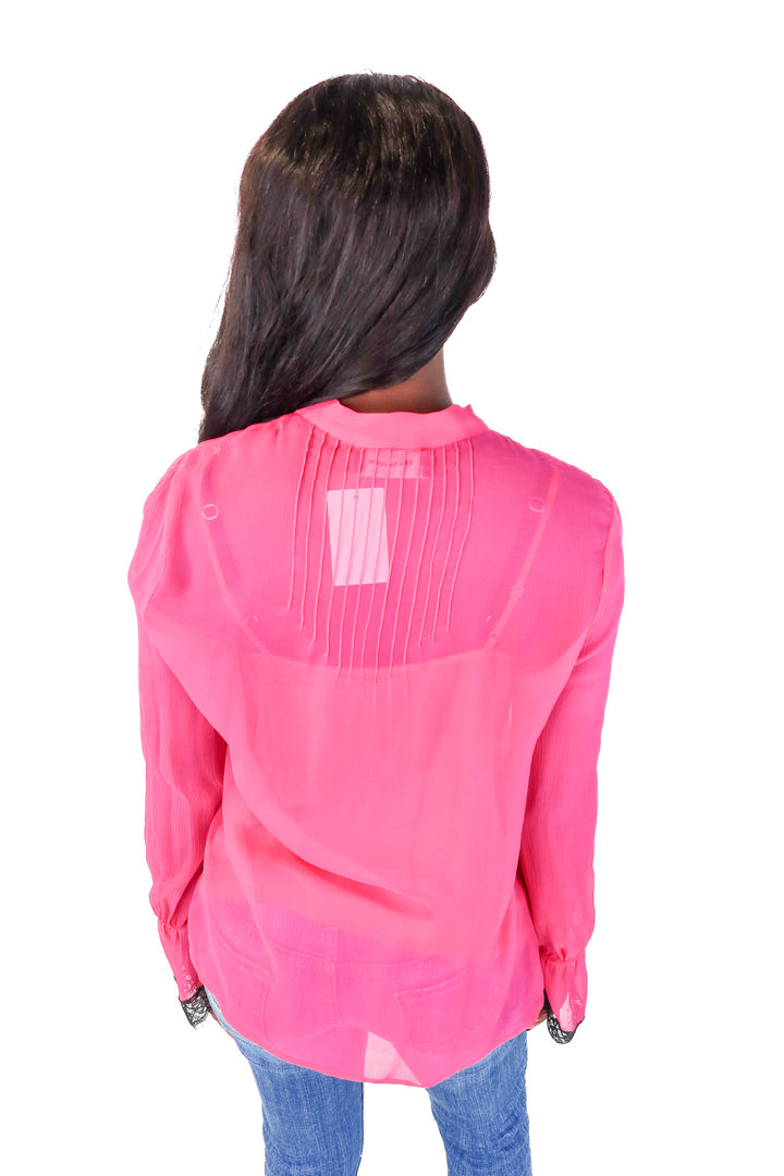 The Kooples Fuchsia Pleat Front Lace Trim Blouse (S)