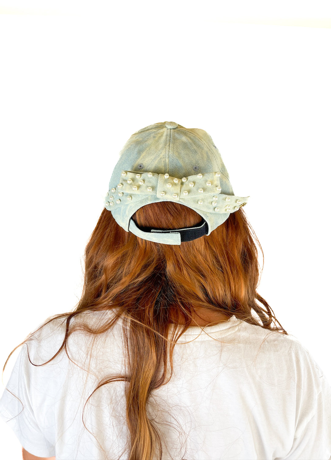 Lele Sadoughi Pearl Embellished Bow Denim Baseball Hat (O/S)