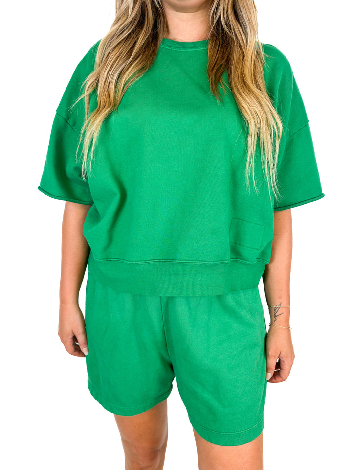 Daily Drills Green Oversized Cropped Sleeve Top & Shorts Set (Top XS/S; Shorts M/L)