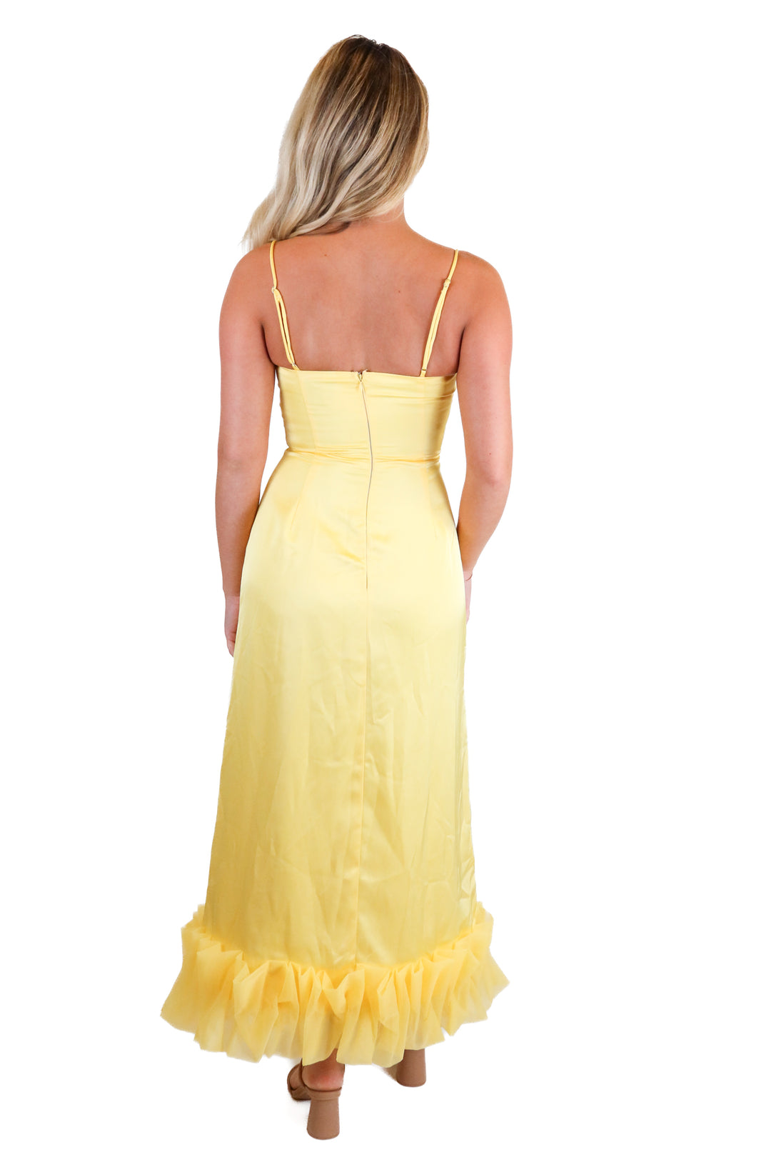 Hello Molly Yellow Satin Tulle Ruffle Maxi Dress (XS)