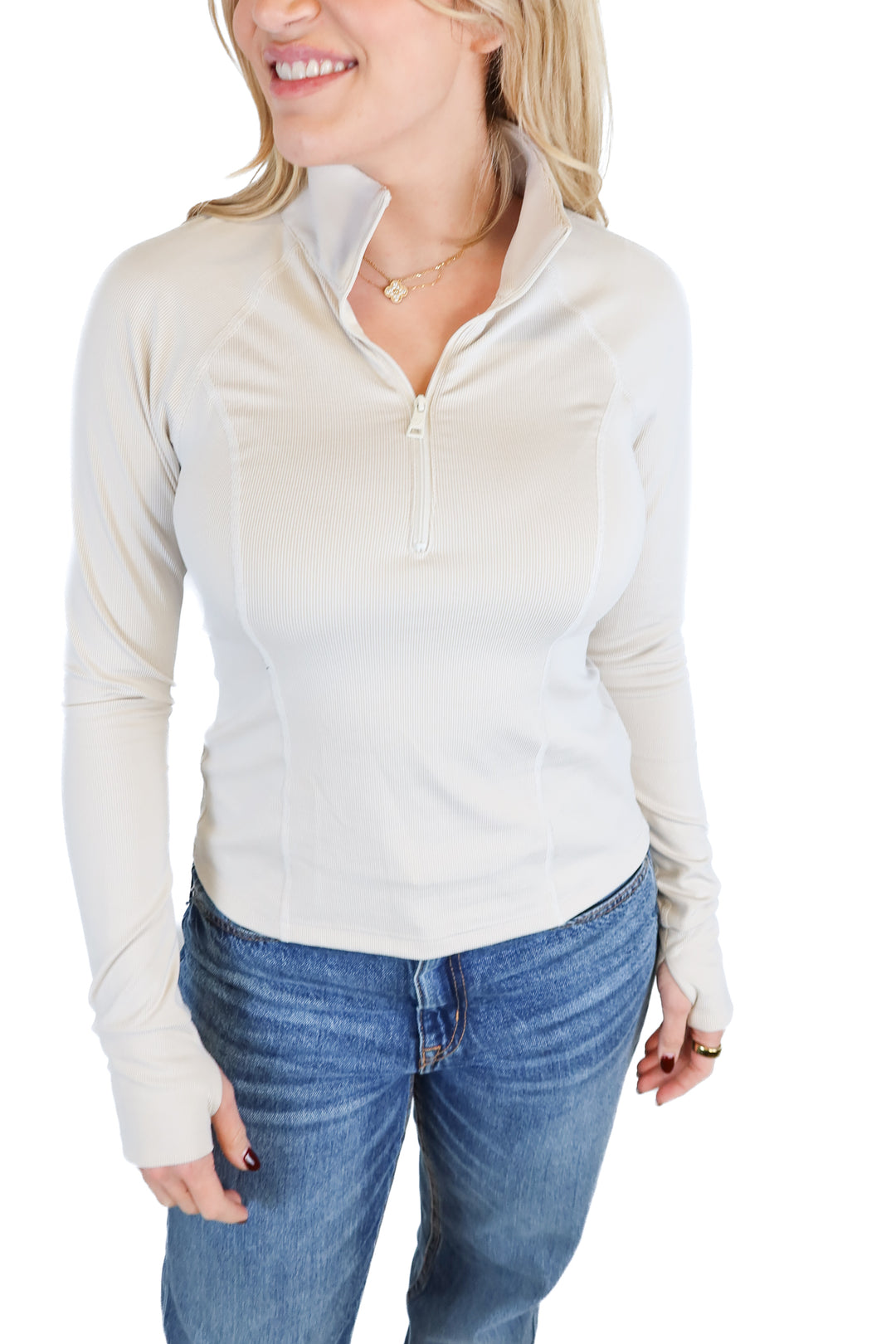 beyond yoga neutral striped quarter zip (s; retail $128)