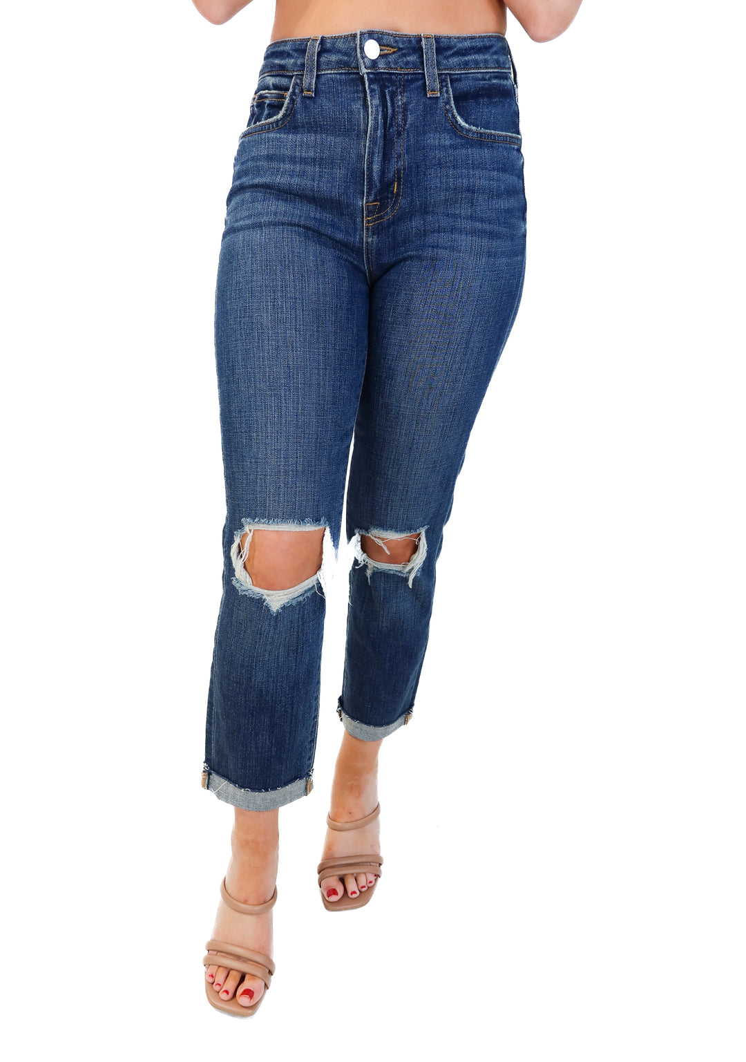 L’agence medium wash distressed jeans (26; retails for $285)