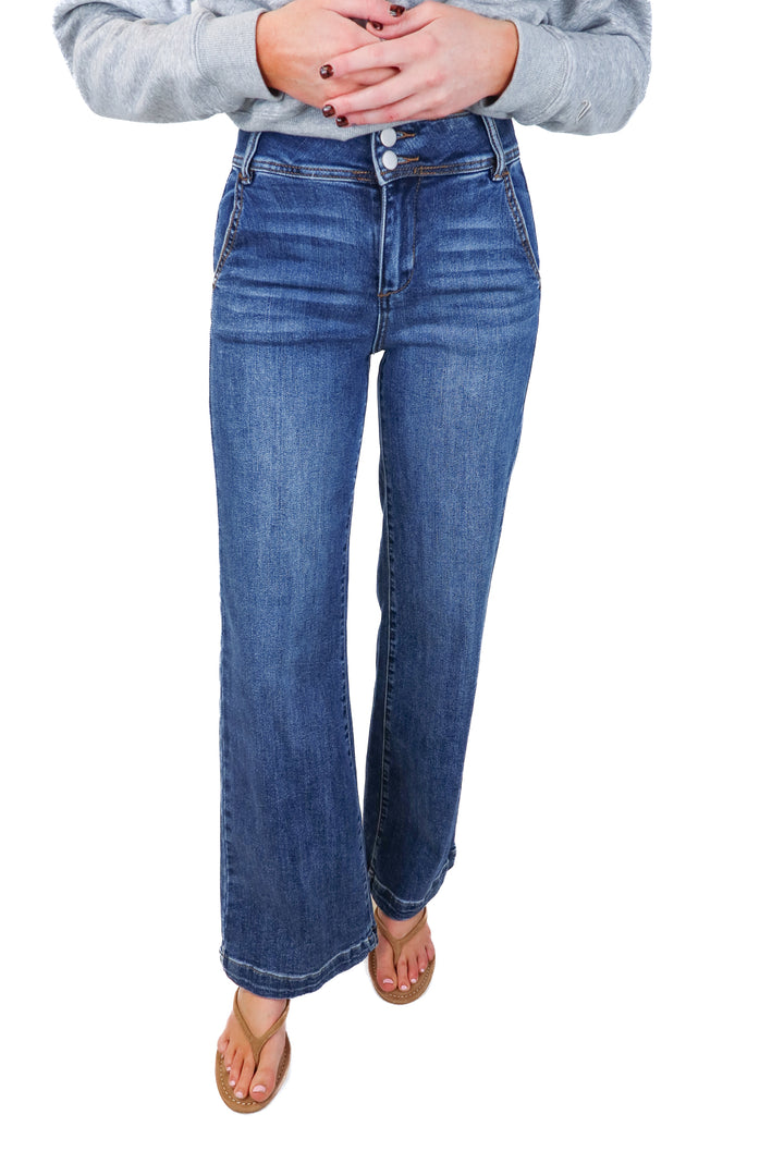 avara medium wash wide leg jeans (24; retail $98)