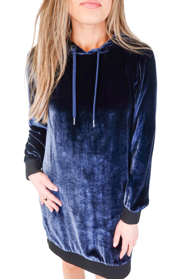 Alice + Olivia Navy Velour Hooded Tunic Dress (S)