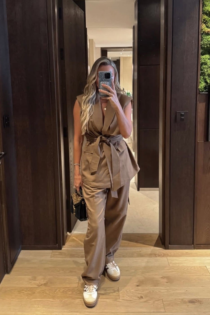 AUCTION jluxlabel tan belted cargo pant and belted vest set (s)