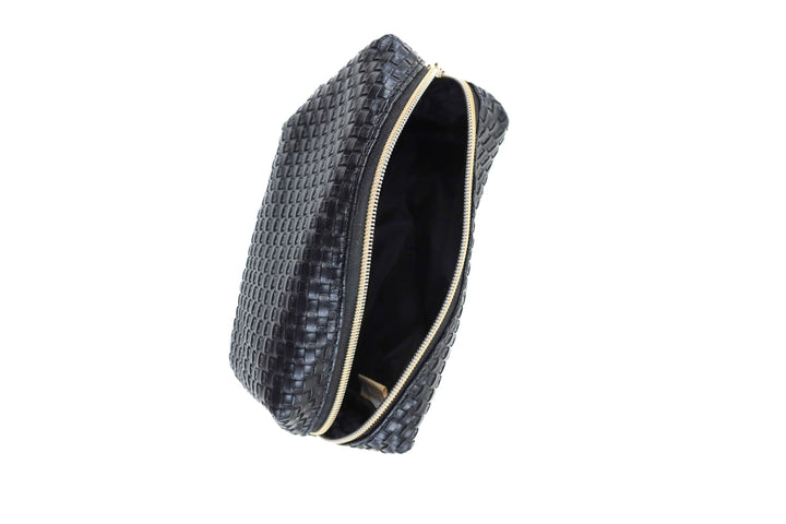 Black faux woven leather train case & pouch set