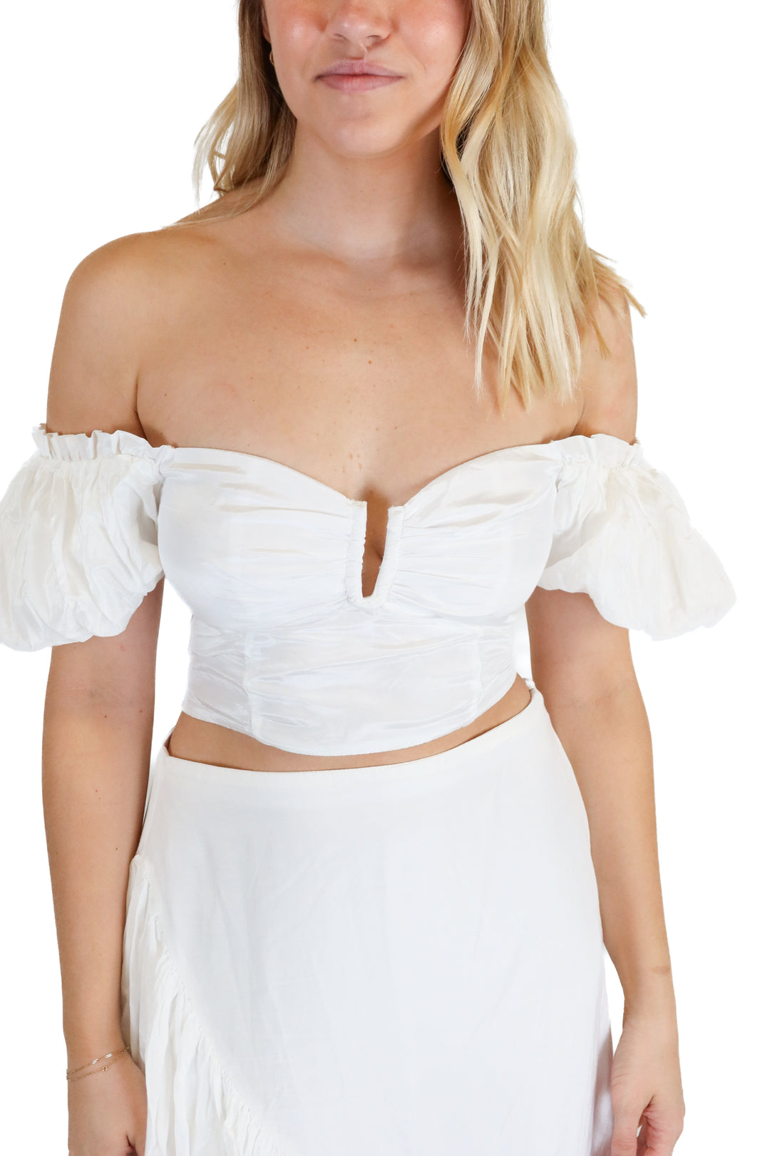 Abercrombie White Satiny Puff Sleeve Cropped Top & Skirt Set NWT (S; retail $180)