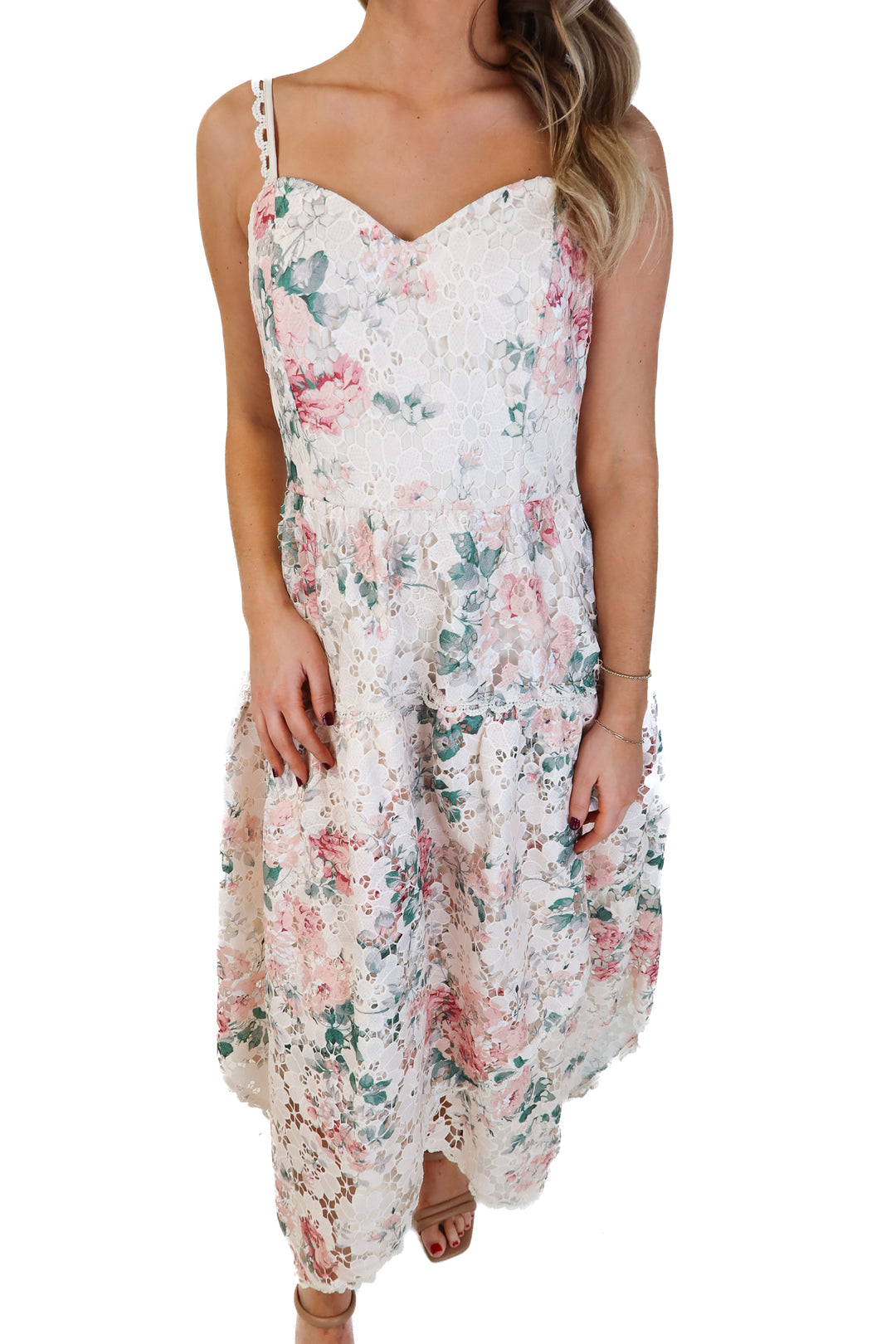 Just me crotchet floral midi dress (s; retail $56)