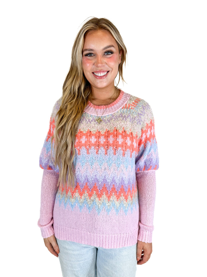 Fate Fairisle Knit Sweater-Coral Blue (L)