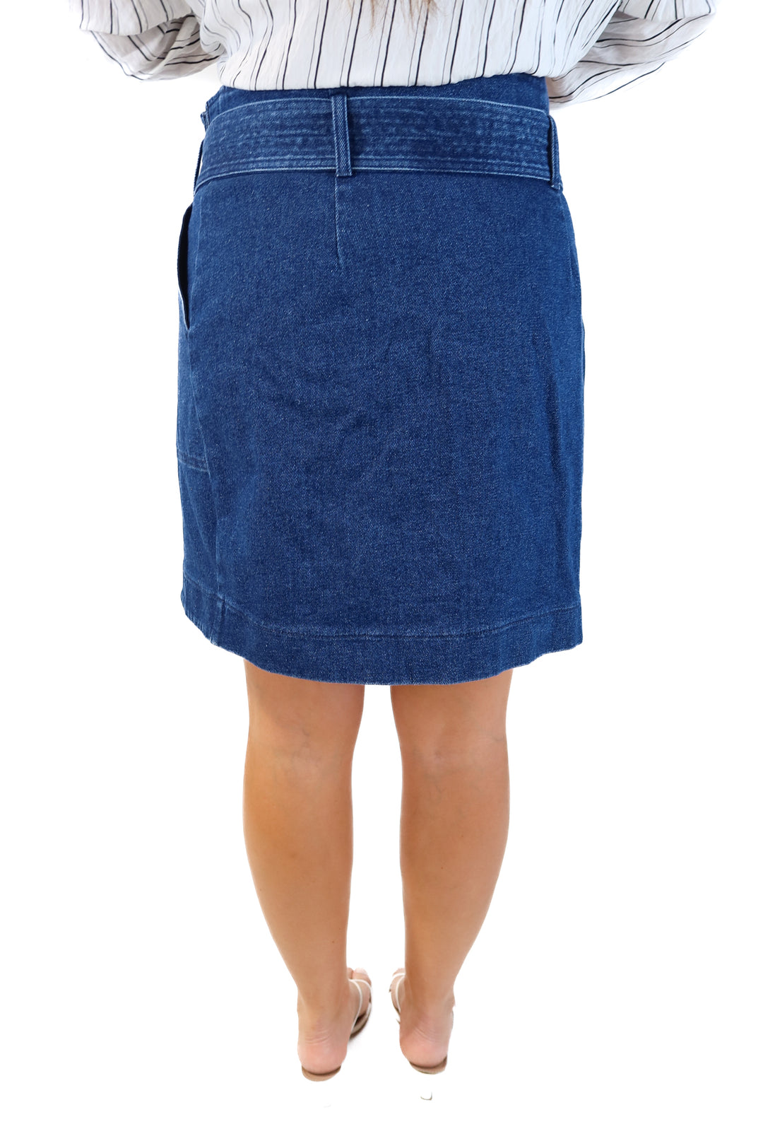 Sezane dark wash denim skirt (42; retail $125)