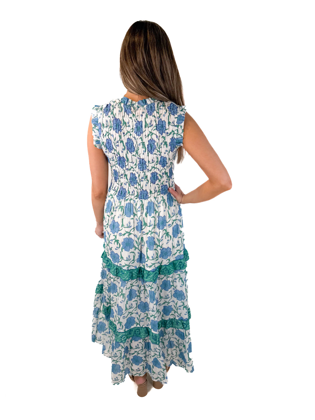 SOLD: oliphant blue/green floral maxi dress (xs; retail $298)