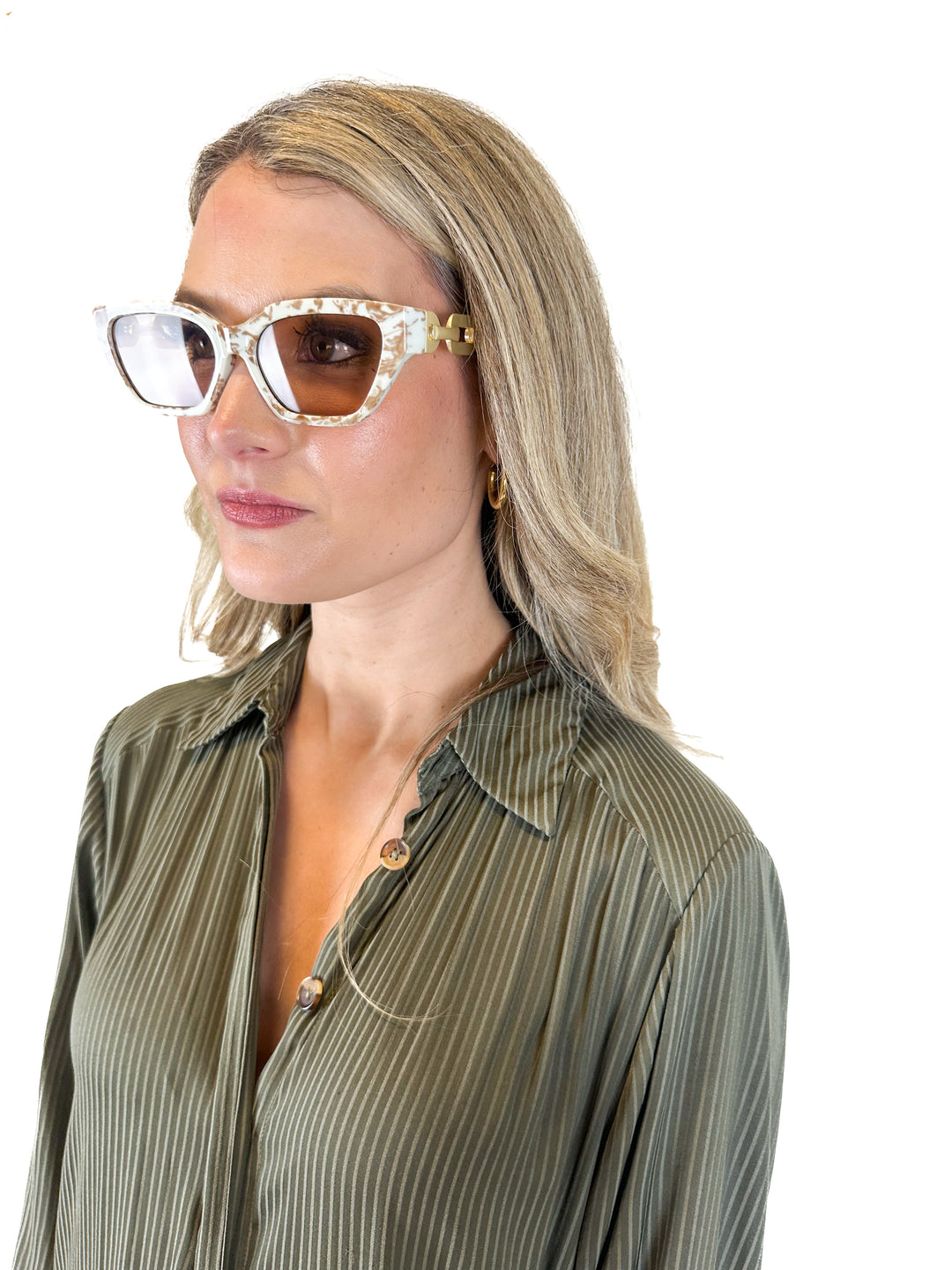 White and Tan Sunglasses with Chain Detail