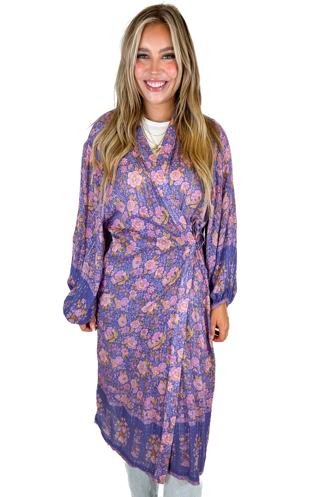 Spell & the Gypsy Floral & Metallic Pinstripe Caftan (M/L)