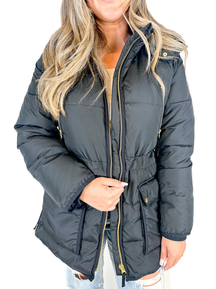 J. Crew Black Hooded Puffer Jacket with PrimaLoft® (S)