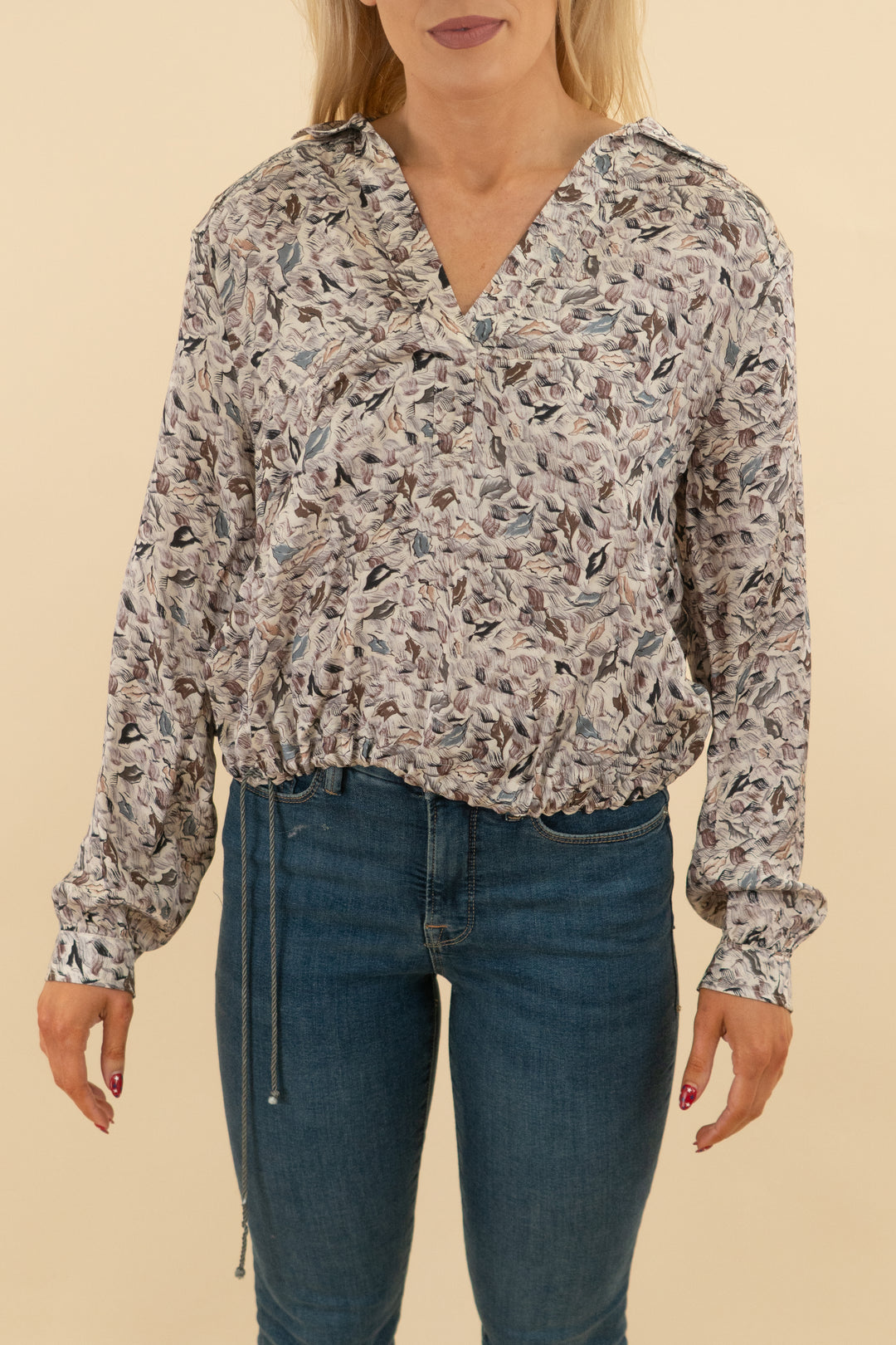 burning torch silk blend abstract blouse (s; retail $175)