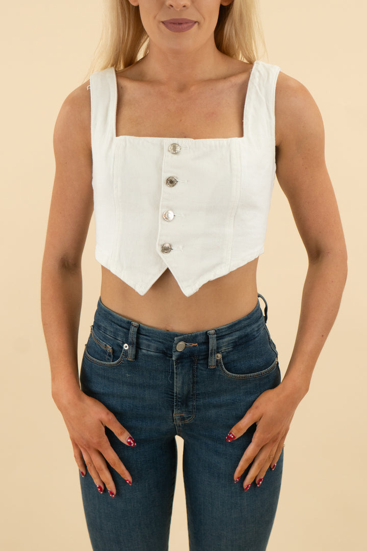 that's so fetch white denim crop top (4: retail $49)