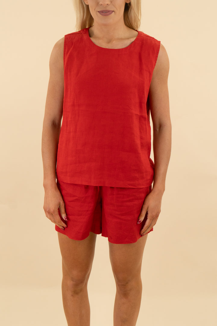 quince red linen shorts tank set (s; retail $110)