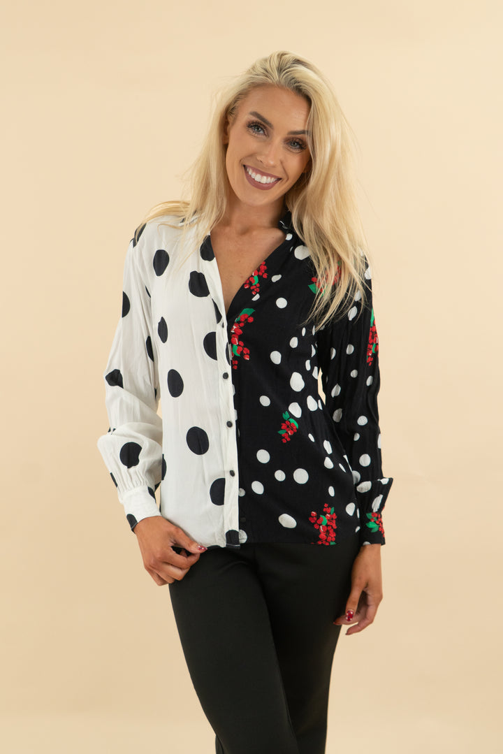 iorane black white polka dot floral split long sleeve button up top (xs; retail $150)