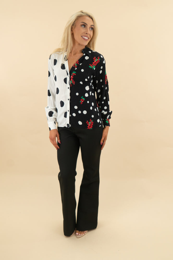 iorane black white polka dot floral split long sleeve button up top (xs; retail $150)