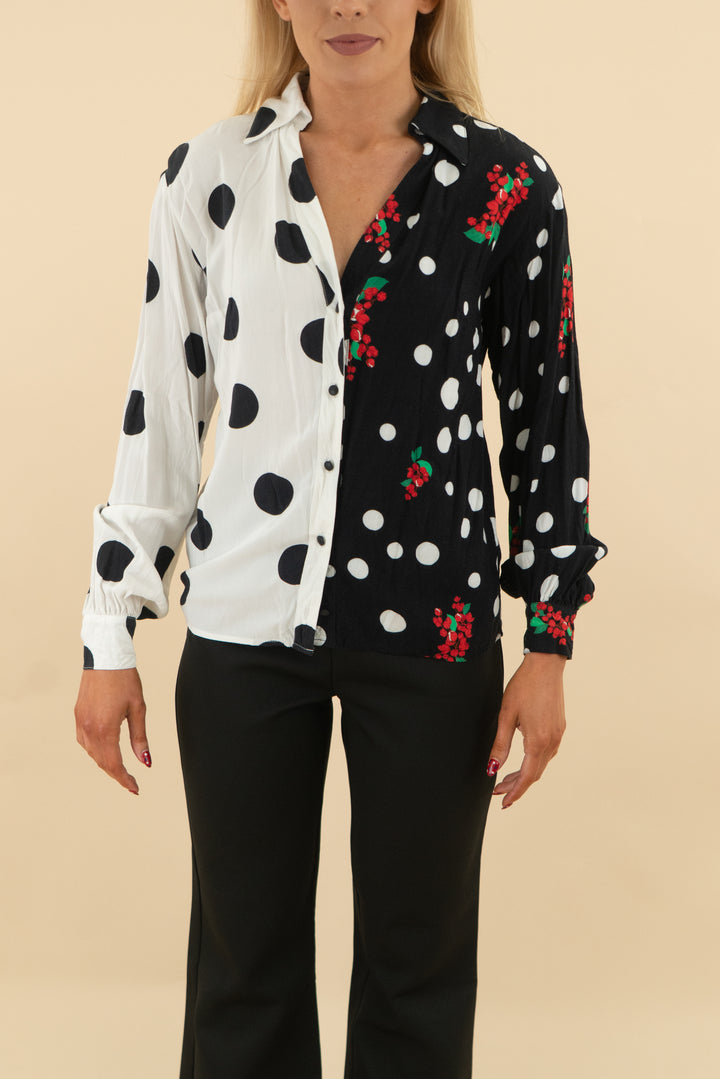 iorane black white polka dot floral split long sleeve button up top (xs; retail $150)