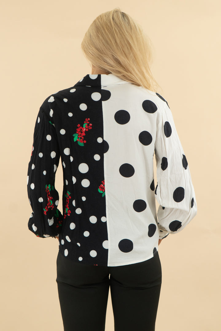 iorane black white polka dot floral split long sleeve button up top (xs; retail $150)